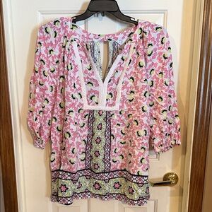 Crown & Ivy Pink Floral Blouse with Black and Green Accents